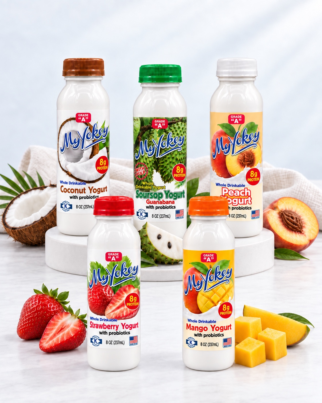Cinco botellas MyYokey de 8 onzas en sabores coco, guanábana, peach, fresa y mango