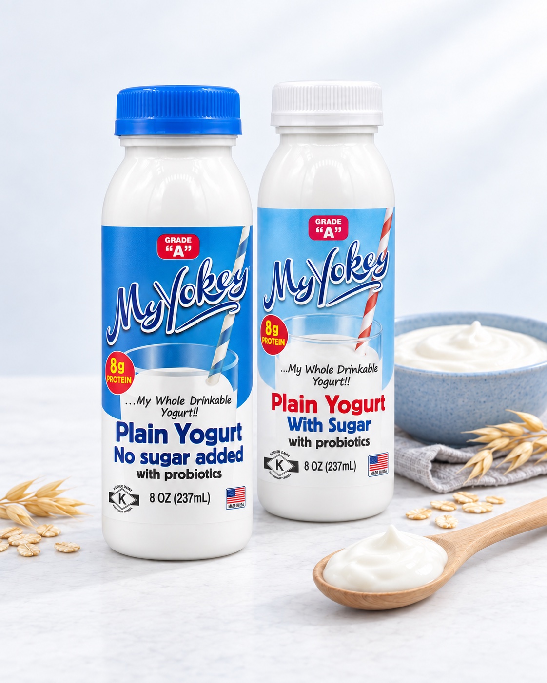 Dos botellas MyYokey natural de 8 onzas, con azúcar y sin azúcar añadida